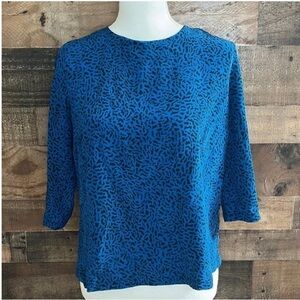 Rachel Mara 100% Silk Blue Print 3/4 Sleeve Blouse Top